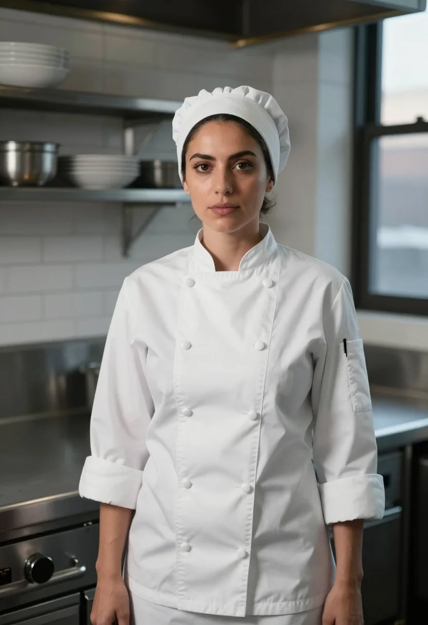 AI ayo edebiri the bear chef whites chicago sample — portrait of a woman, an Italian-American woman in her late t