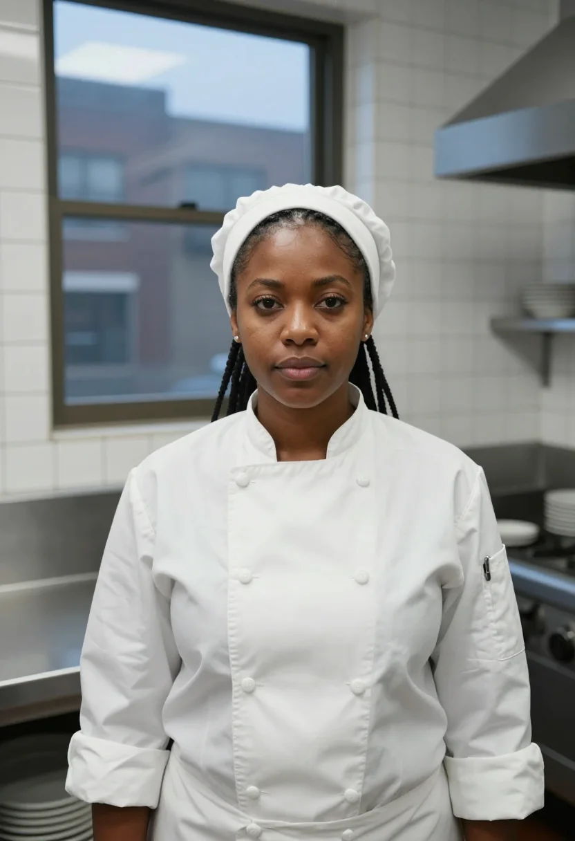 AI ayo edebiri the bear chef whites chicago sample — portrait of a woman, a Haitian-American woman in her early t