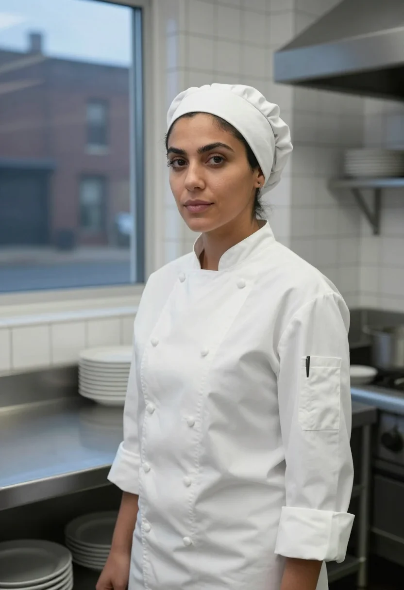 AI ayo edebiri the bear chef whites chicago sample — portrait of a woman, a Greek-American woman in her mid-thirt