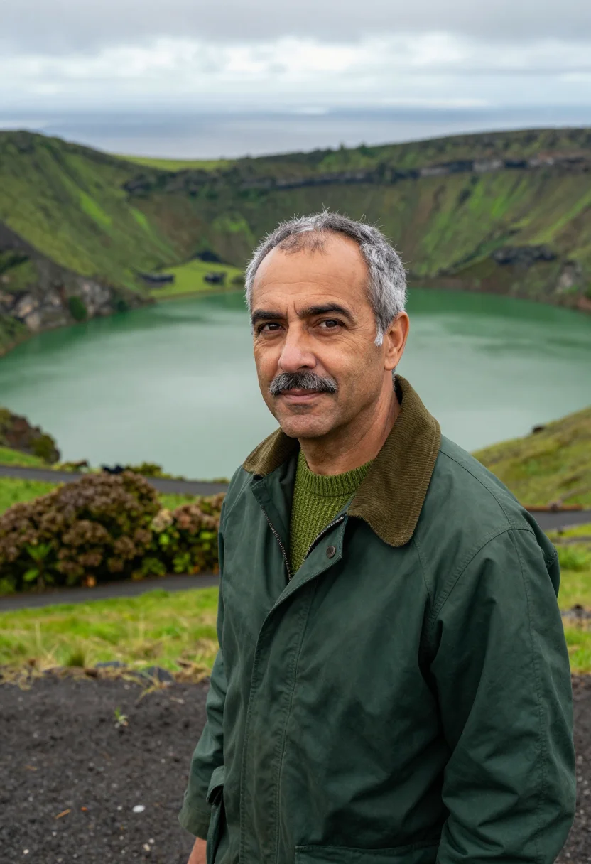 AI azores volcanologist crater lake green sample — portrait of a man, in his fifties with golden olive skin, da