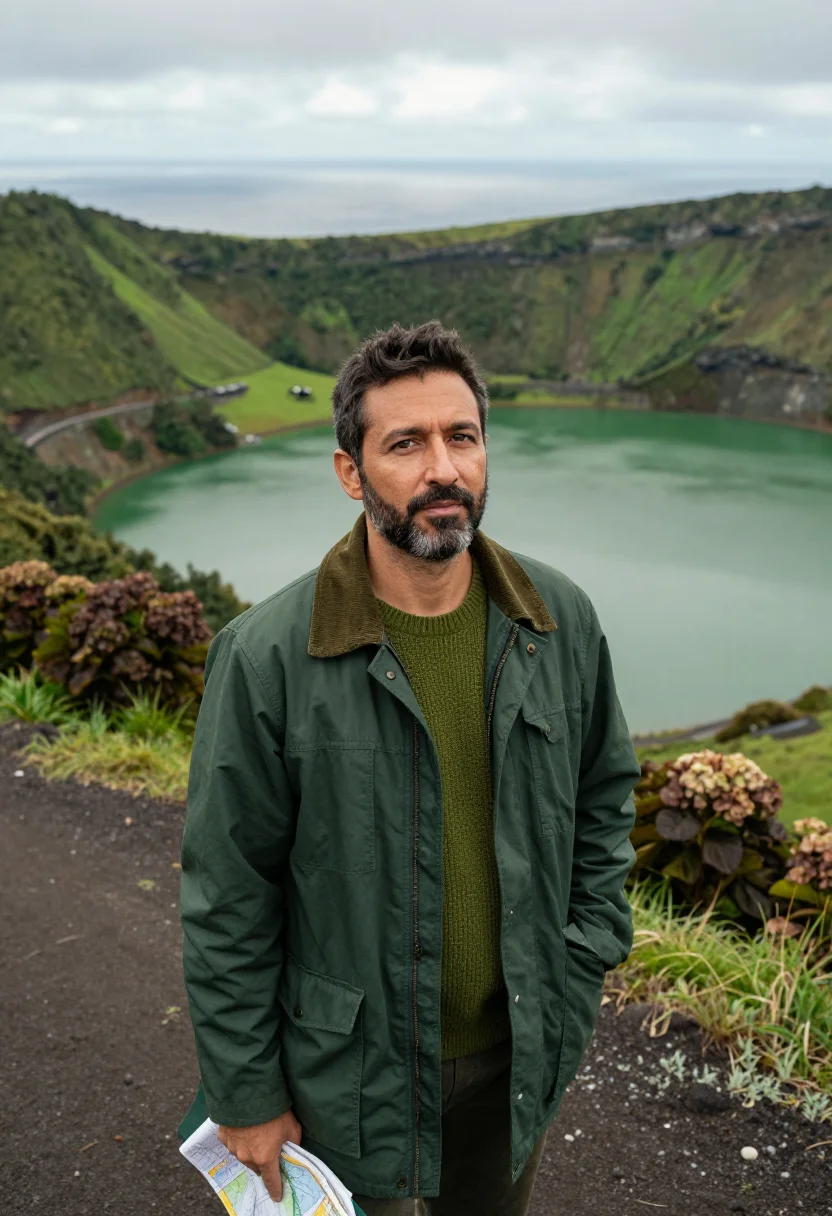 AI azores volcanologist crater lake green sample — portrait of a man, in his forties with tanned olive skin, br