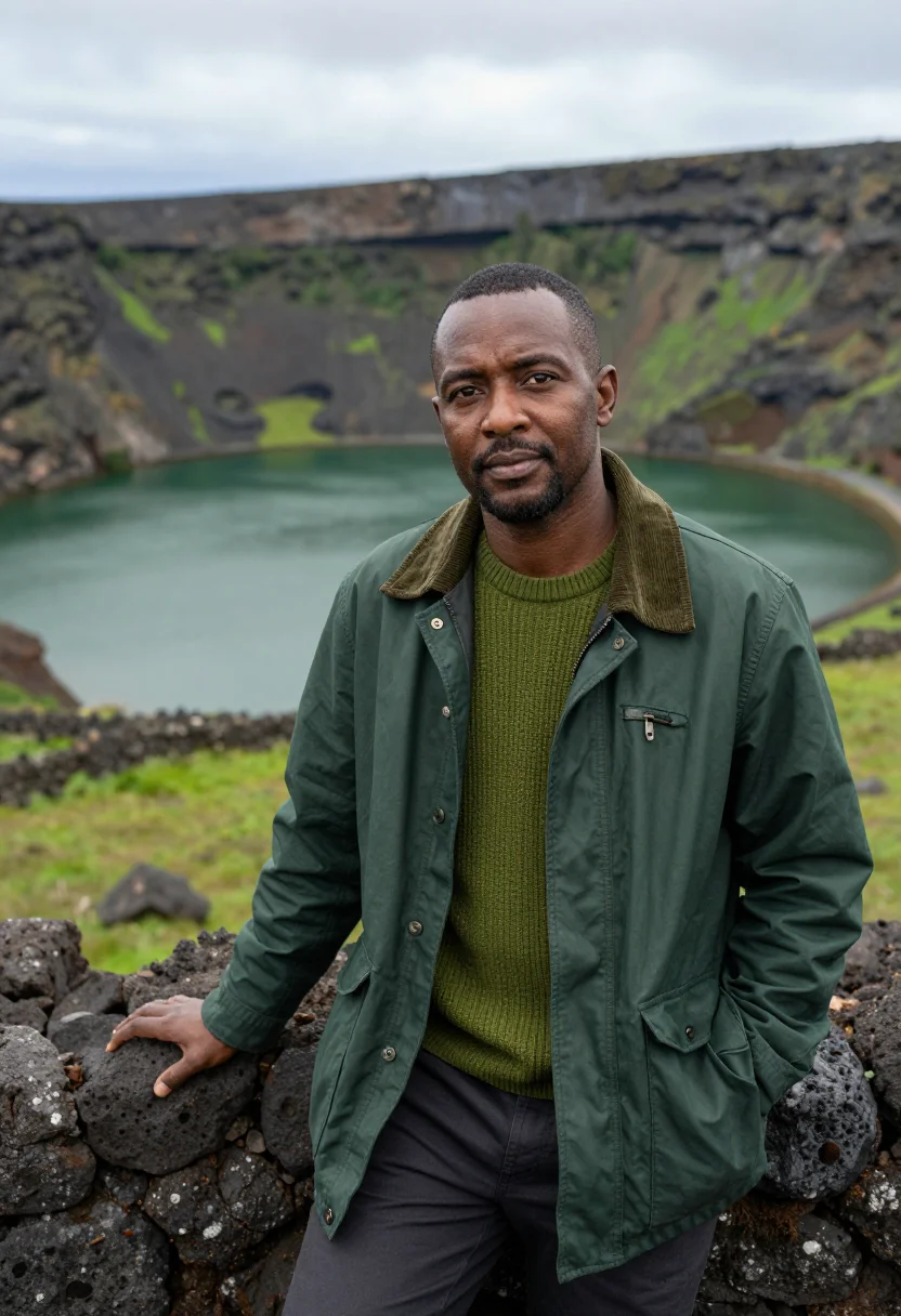 AI azores volcanologist crater lake green sample — portrait of a man, of Cape Verdean descent in his forties wi