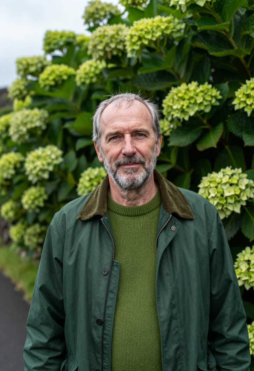 AI azores volcanologist crater lake green sample — portrait of a man, in his late fifties with weathered fair s