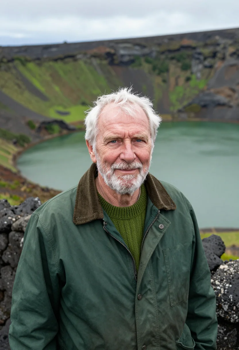 AI azores volcanologist crater lake green sample — portrait of a man, in his sixties with ruddy fair skin, blue