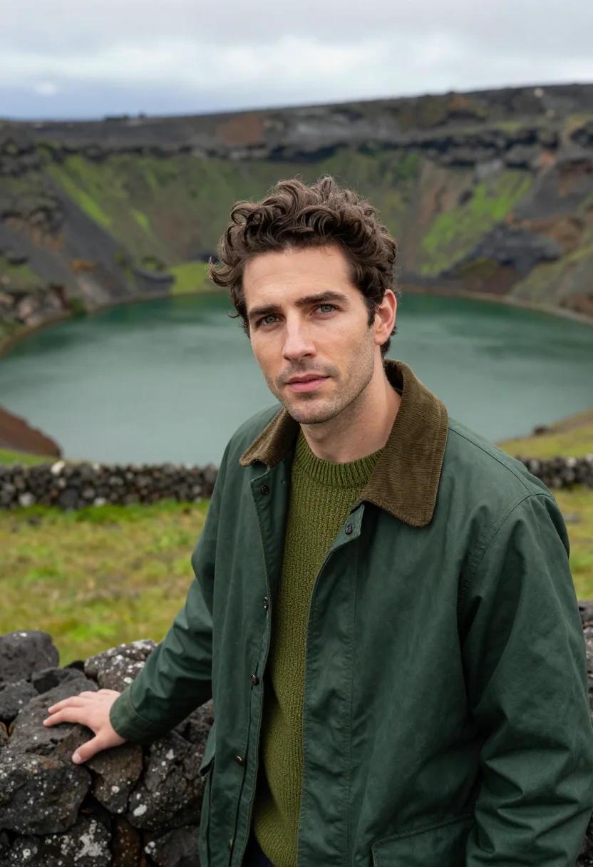 AI azores volcanologist crater lake green sample — portrait of a man, in his late twenties with olive skin, gre