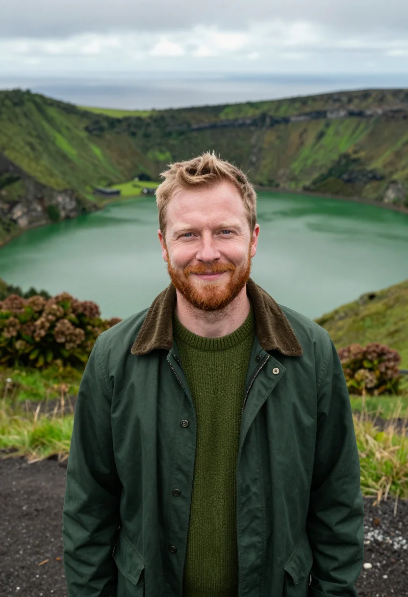 AI azores volcanologist crater lake green sample — portrait of a man, in his mid-thirties with fair skin, blue-