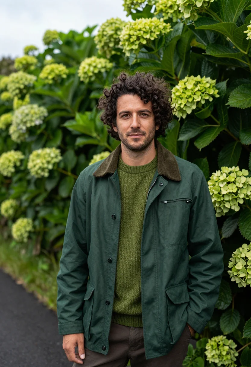 AI azores volcanologist crater lake green sample — portrait of a man, in his thirties with warm tan skin, hazel