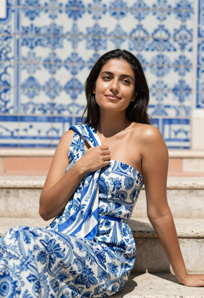 AI azulejo sample — portrait of a woman, chest-up portrait of a woman in her lat
