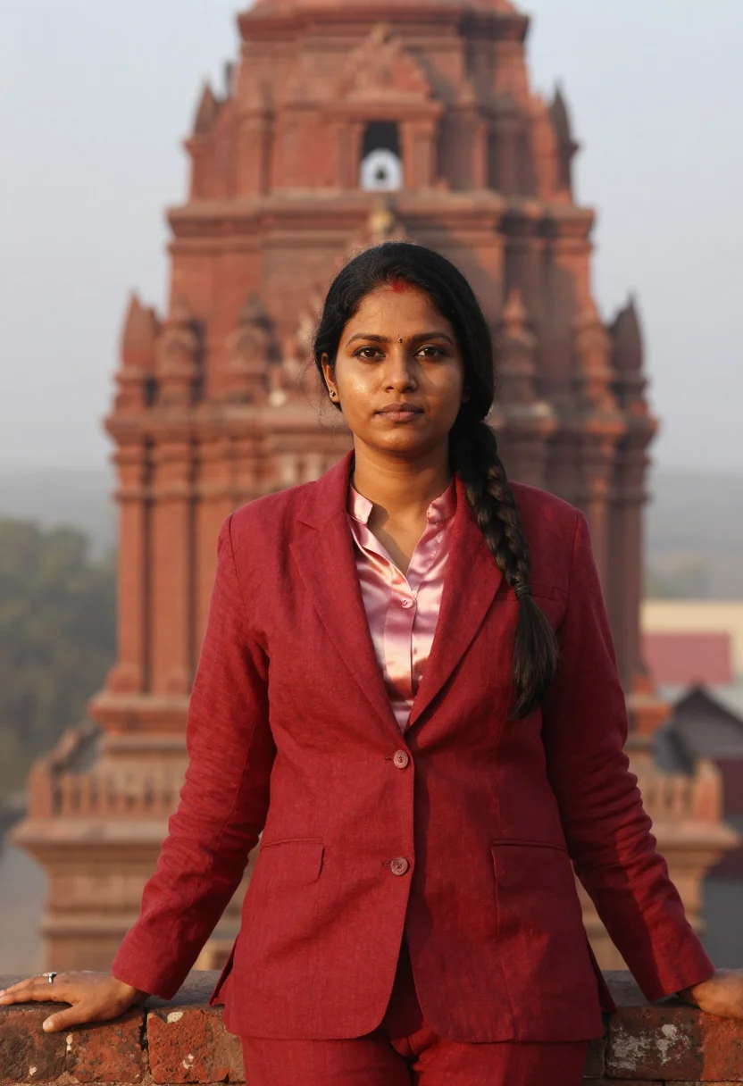 AI bagan archaeologist brick red dawn sample — portrait of a woman, chest-up portrait of an Indian woman in