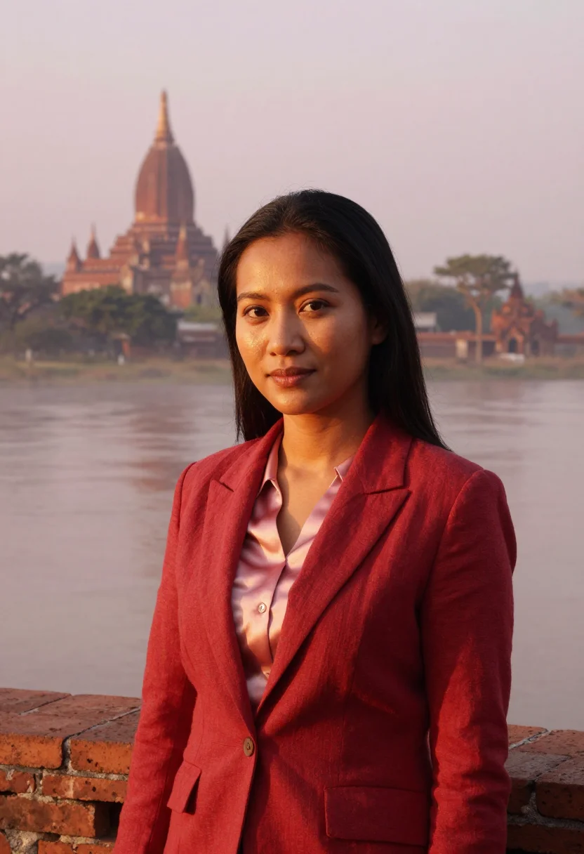 AI bagan archaeologist brick red dawn sample — portrait of a woman, head-and-shoulders portrait of a Burmes
