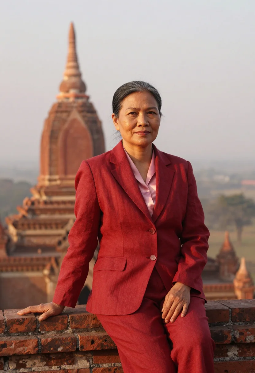 AI bagan archaeologist brick red dawn sample — portrait of a woman, half-length portrait of a Burmese woman