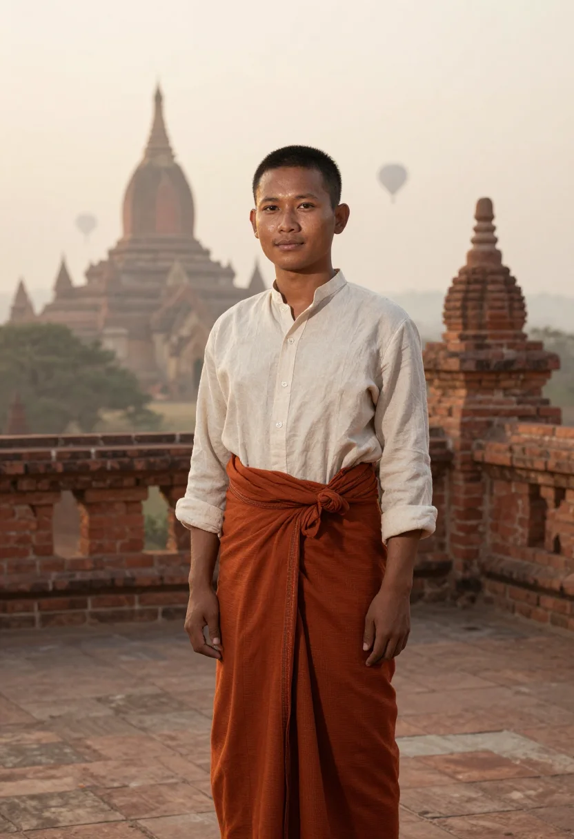 AI bagan balloons terracotta sample — portrait of a man, a half-length view of a Burmese man in hi
