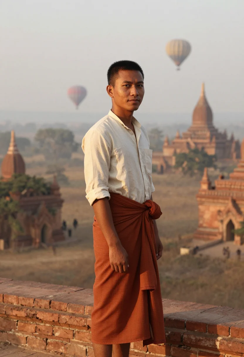 AI bagan balloons terracotta sample — portrait of a man, a half-length view of a Burmese man in hi