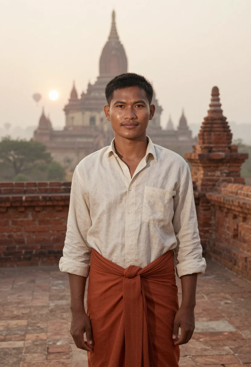 AI bagan balloons terracotta sample — portrait of a man, a chest-up view of a Burmese man in his l