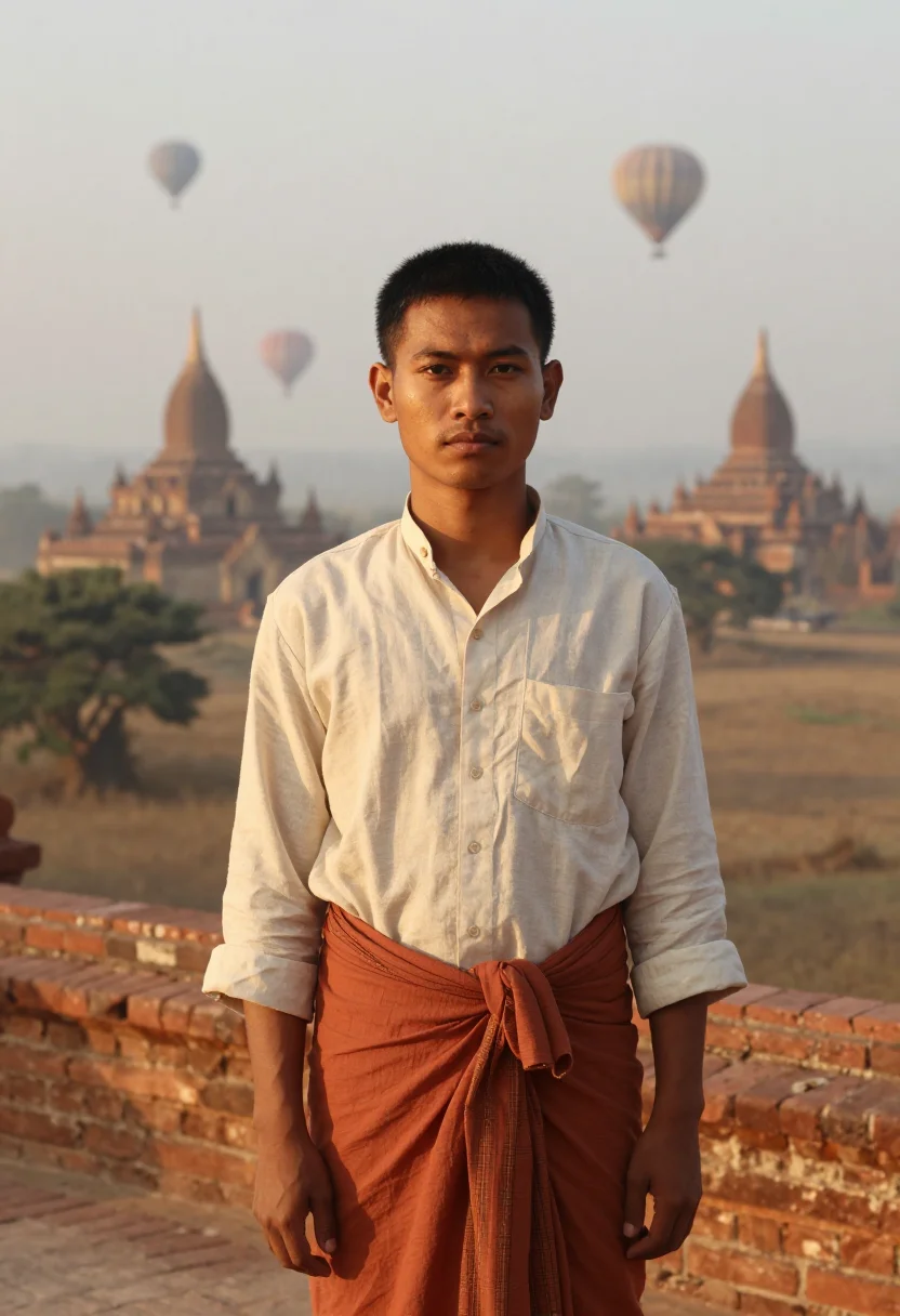 AI bagan balloons terracotta sample — portrait of a man, a chest-up view of a Burmese man in his l