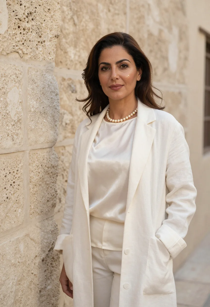 AI bahrain pearl merchant nacre cream sample — portrait of a woman, a pearl merchant in her late thirties o