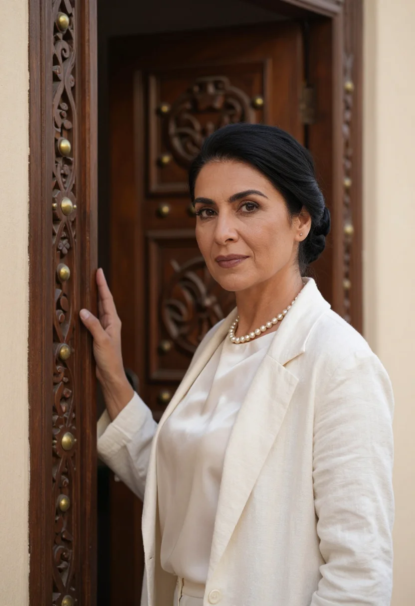AI bahrain pearl merchant nacre cream sample — portrait of a woman, a pearl merchant in her forties of Ital