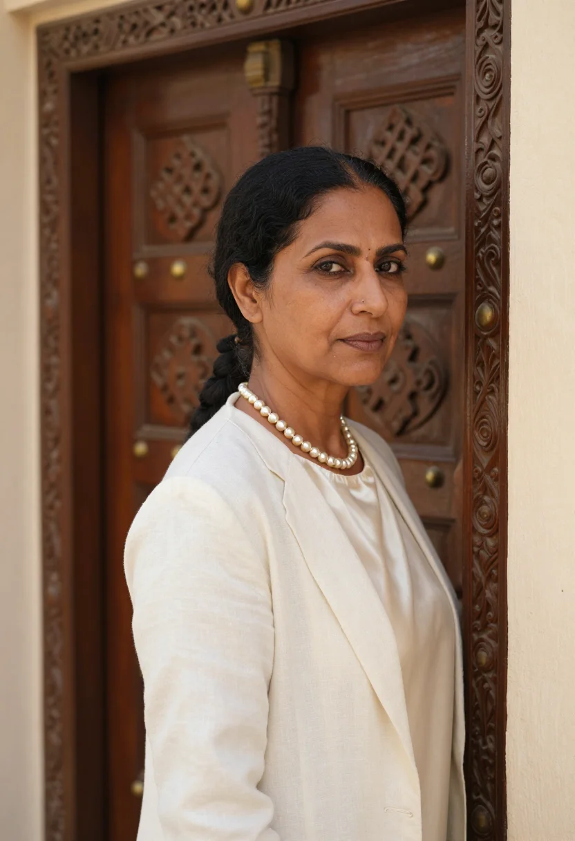 AI bahrain pearl merchant nacre cream sample — portrait of a woman, a pearl merchant in her fifties of Guja
