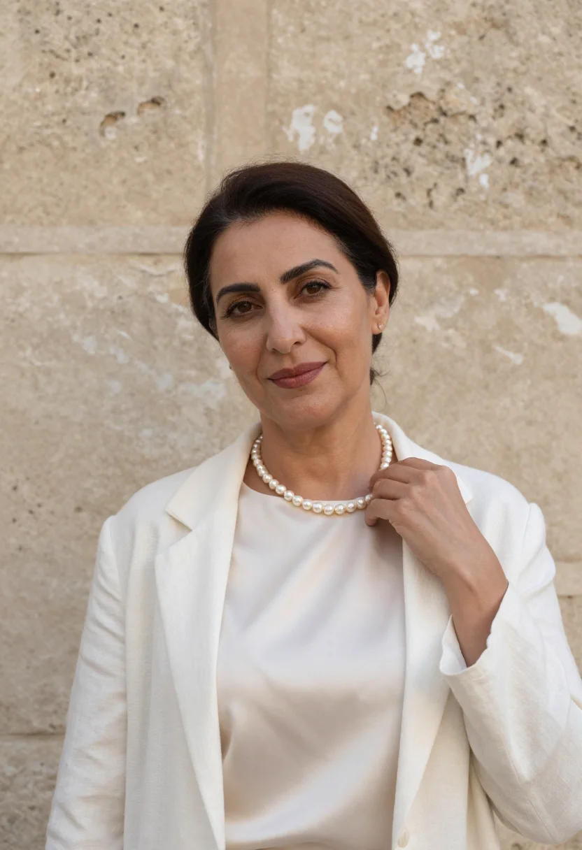 AI bahrain pearl merchant nacre cream sample — portrait of a woman, a pearl merchant in her fifties of Pers