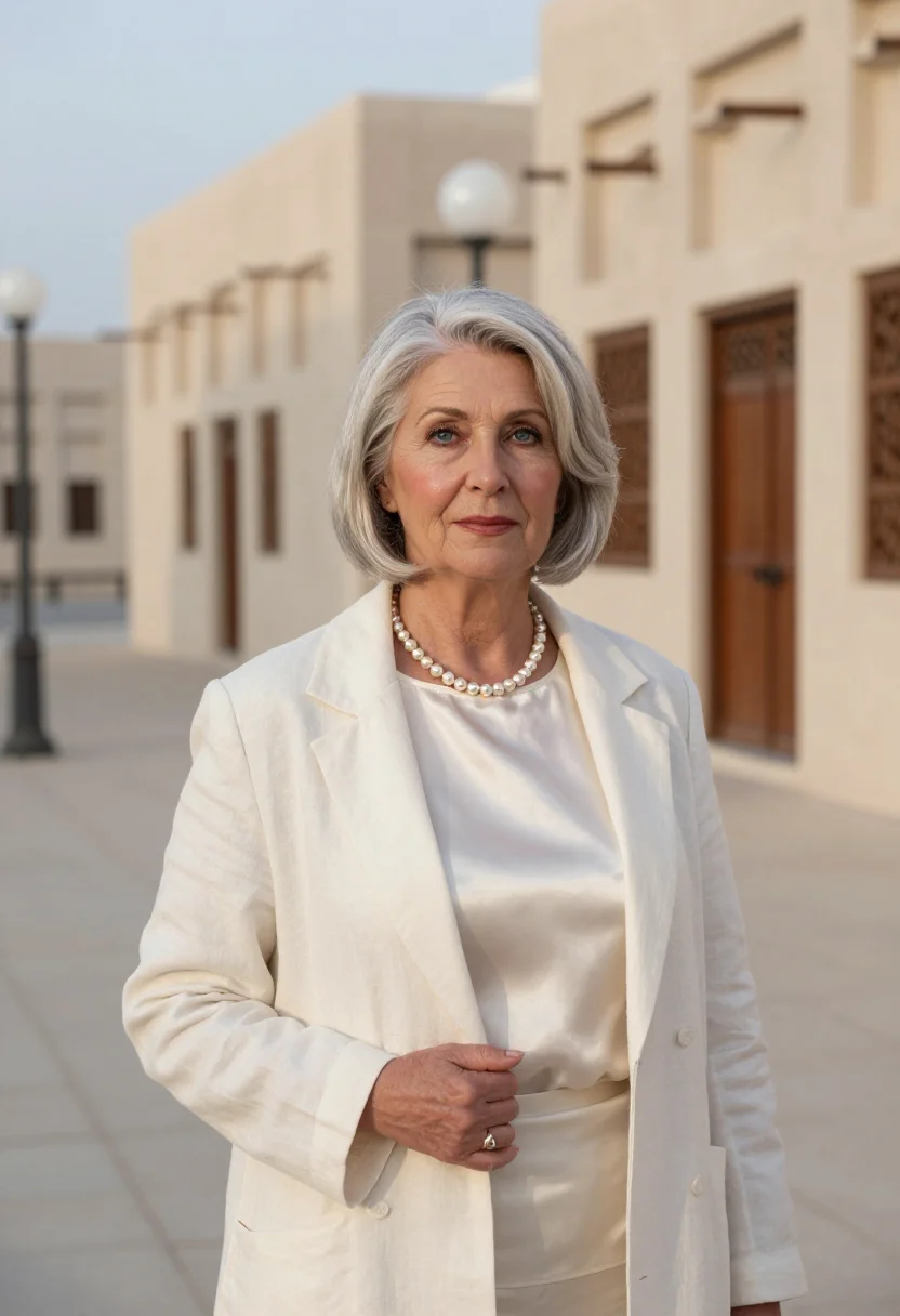 AI bahrain pearl merchant nacre cream sample — portrait of a woman, a pearl merchant in her sixties of Engl