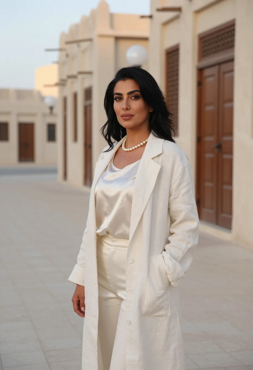 AI bahrain pearl merchant nacre cream sample — portrait of a woman, a pearl merchant in her thirties of Leb