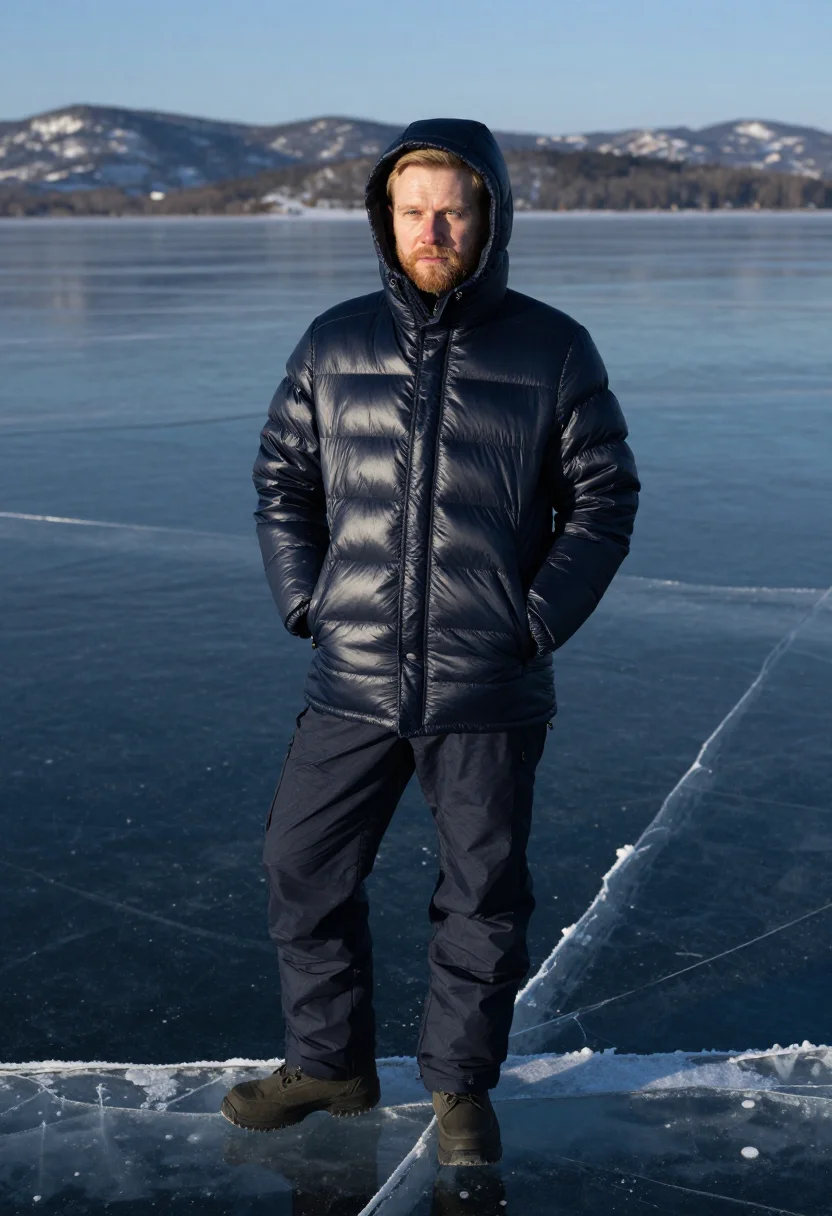 AI baikal ice january blue black sample — portrait of a man, framed full-length from a low camera a fe