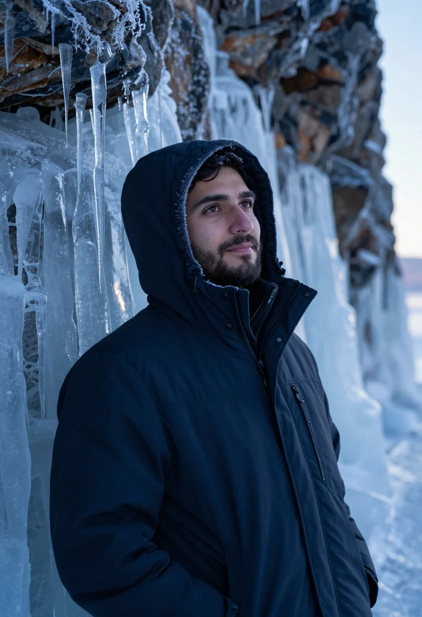 AI baikal ice january blue black sample — portrait of a man, framed chest-up, the crop at the lower ri