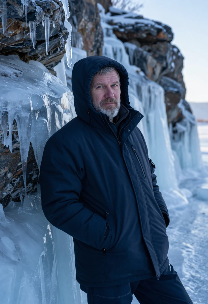AI baikal ice january blue black sample — portrait of a man, framed half-length from the hips up, a me