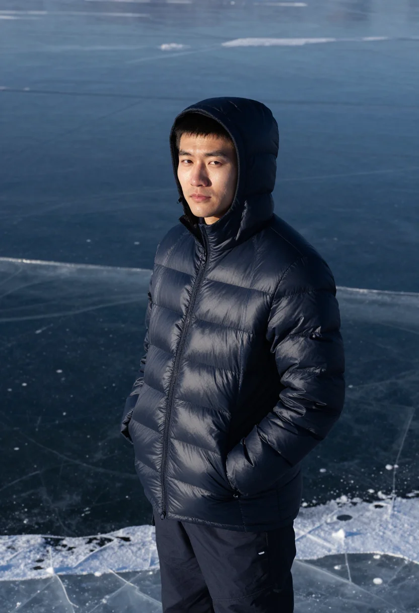 AI baikal ice january blue black sample — portrait of a man, framed chest-up, the crop at the lower ri