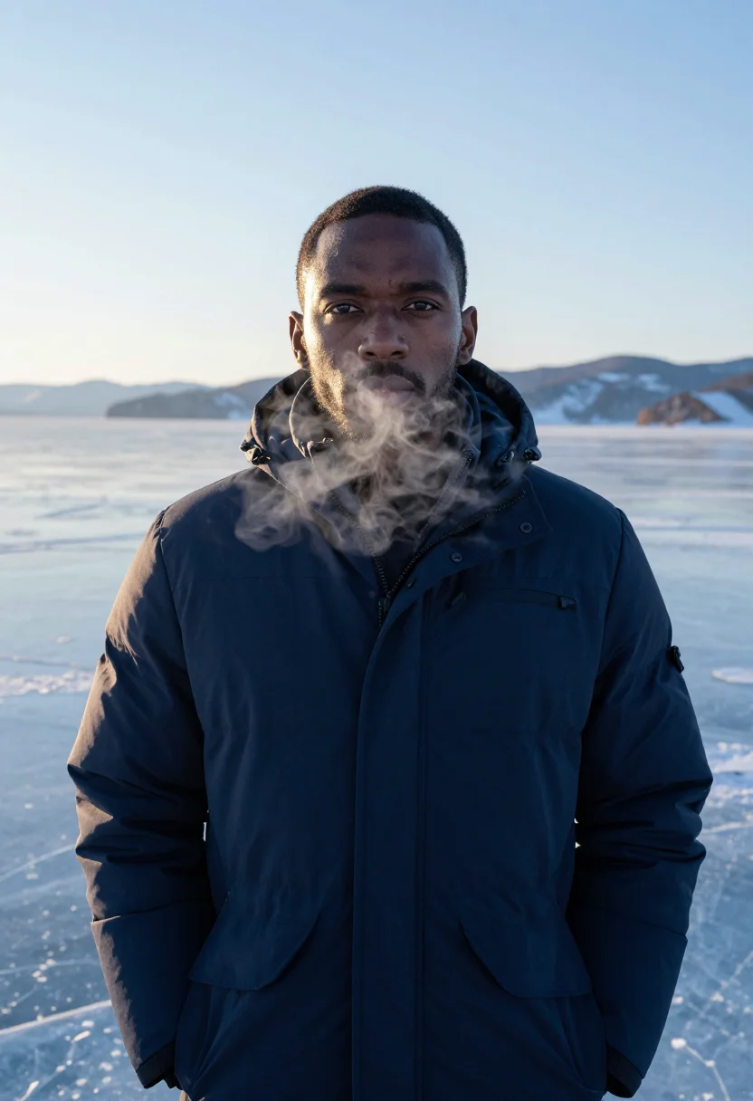 AI baikal ice january blue black sample — portrait of a man, framed tight, head and shoulders, the bod