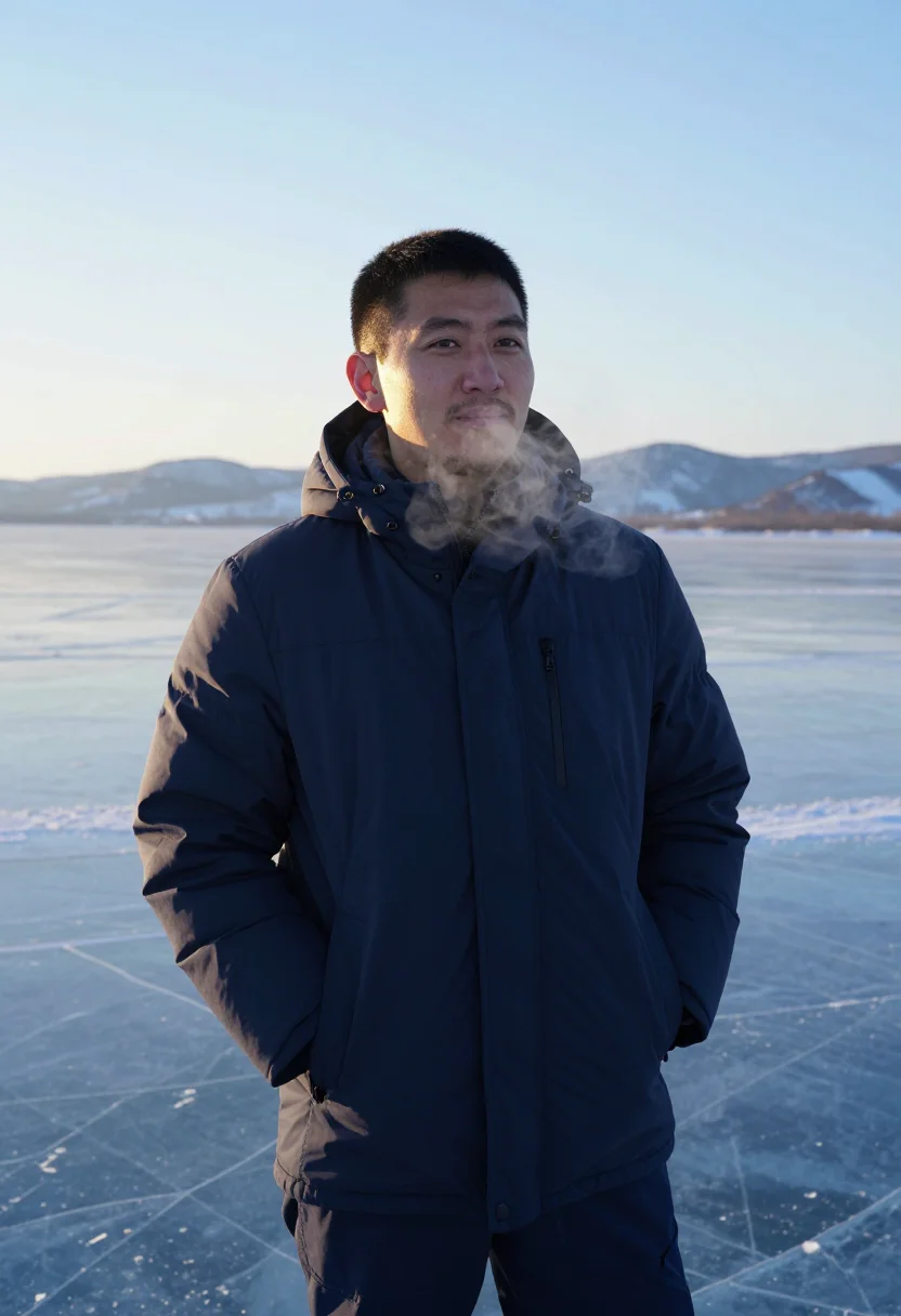 AI baikal ice january blue black sample — portrait of a man, framed chest-up, the crop at the lower ri