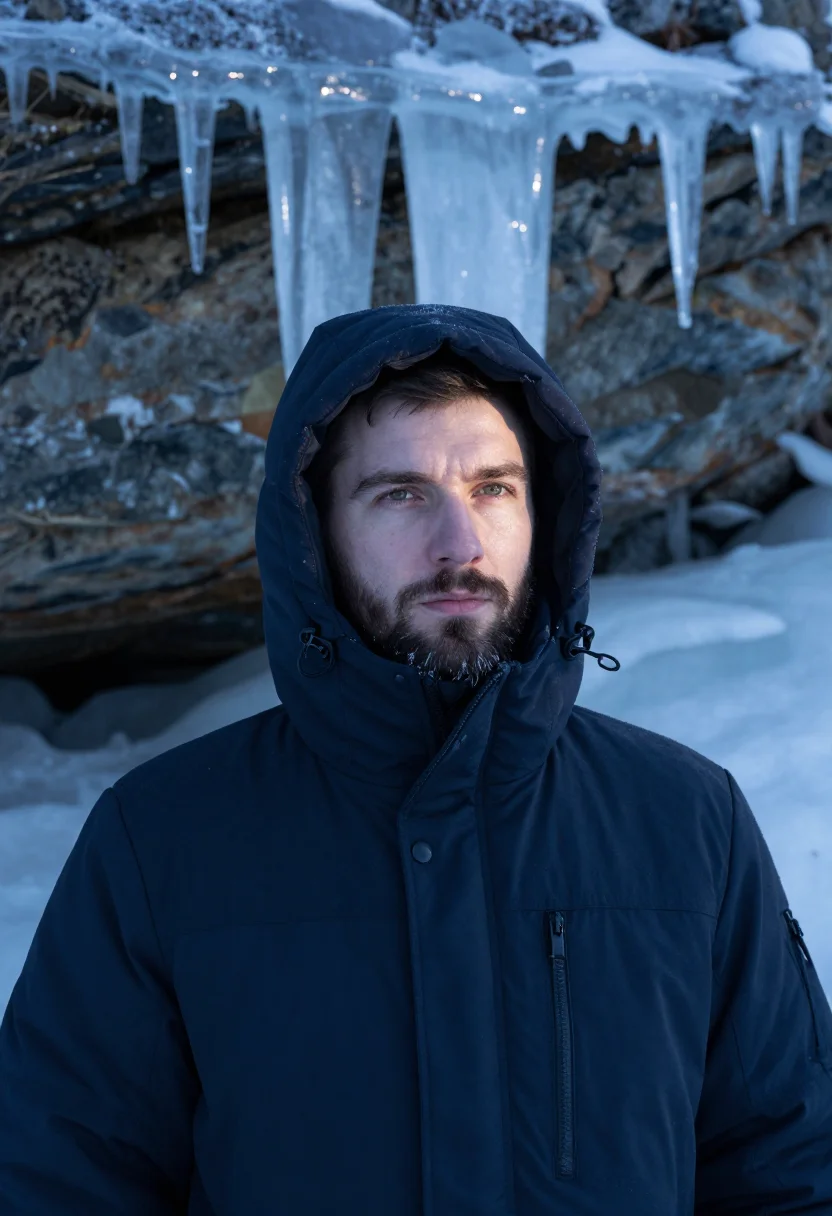 AI baikal ice january blue black sample — portrait of a man, framed tight, head and shoulders, the bod