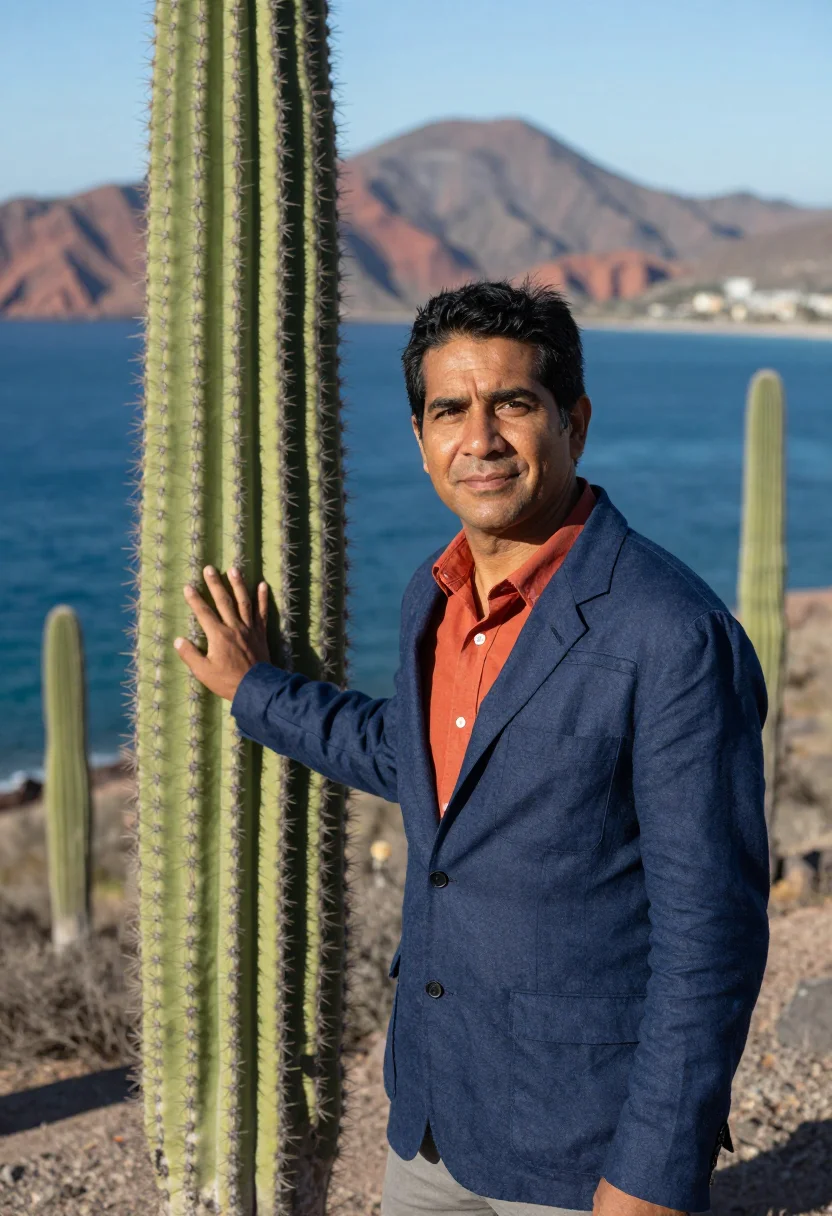 AI baja marine biologist sea of cortez blue sample — portrait of a man, a Seri marine biologist in his late forti