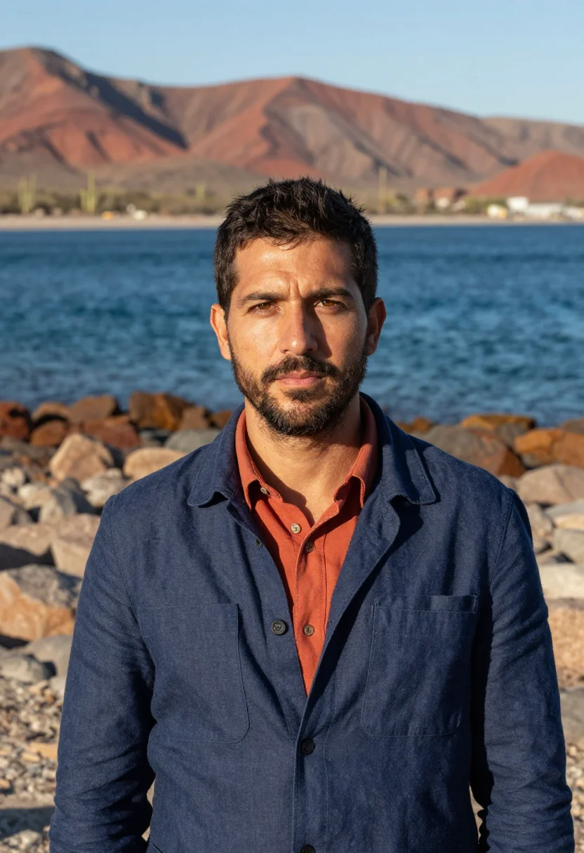 AI baja marine biologist sea of cortez blue sample — portrait of a man, an Argentine marine biologist in his earl