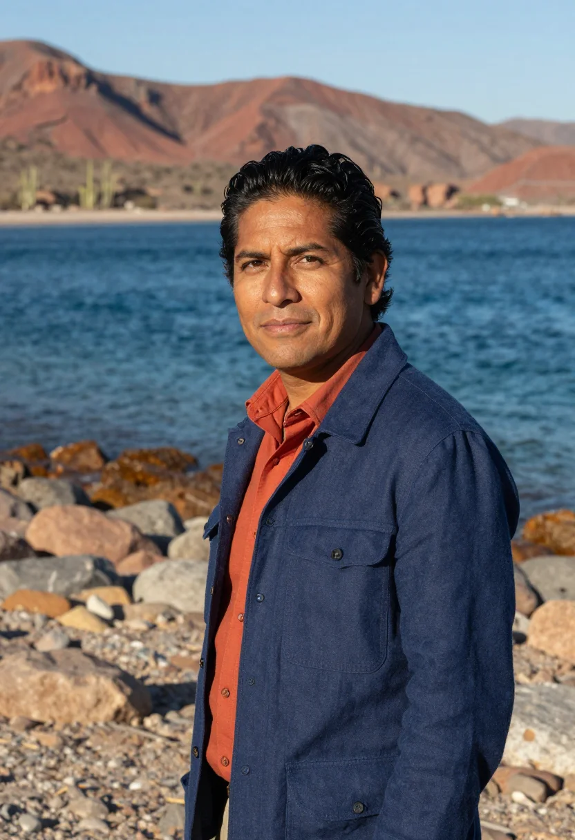 AI baja marine biologist sea of cortez blue sample — portrait of a man, a Mexican marine biologist in his late tw