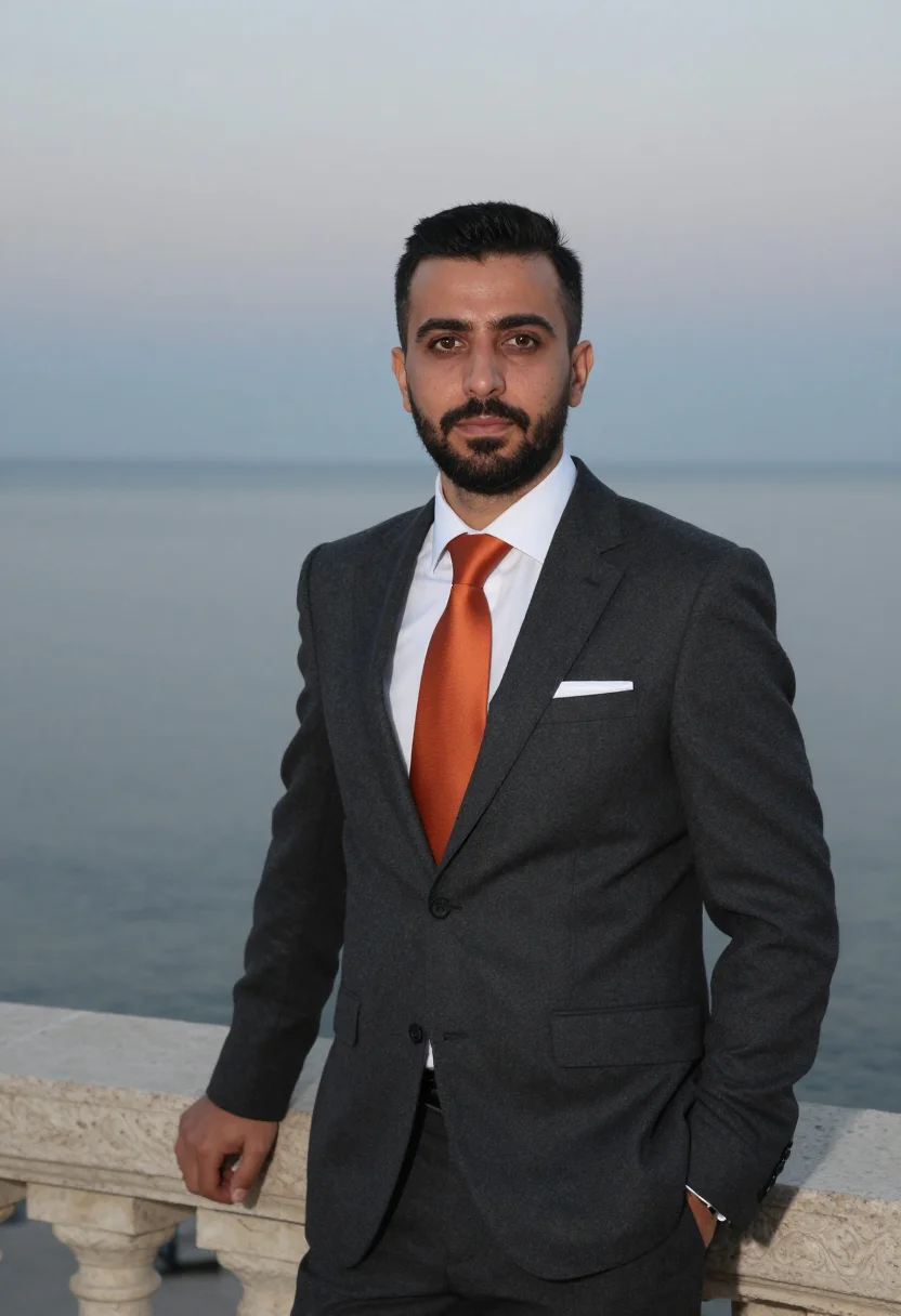 AI baku energy executive flame towers glass sample — portrait of a man, framed chest-up, cropped at the ribs, the