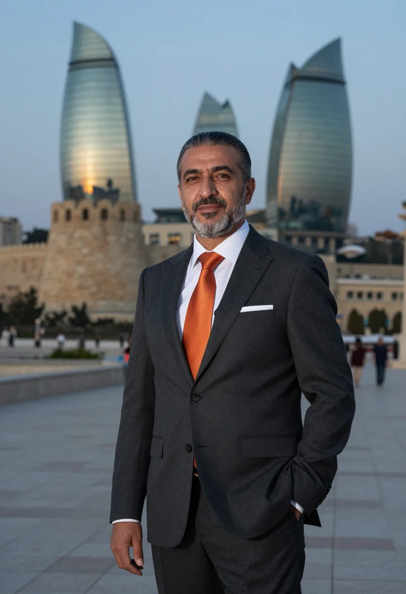 AI baku energy executive flame towers glass sample — portrait of a man, framed at half-length, cropped at the hip