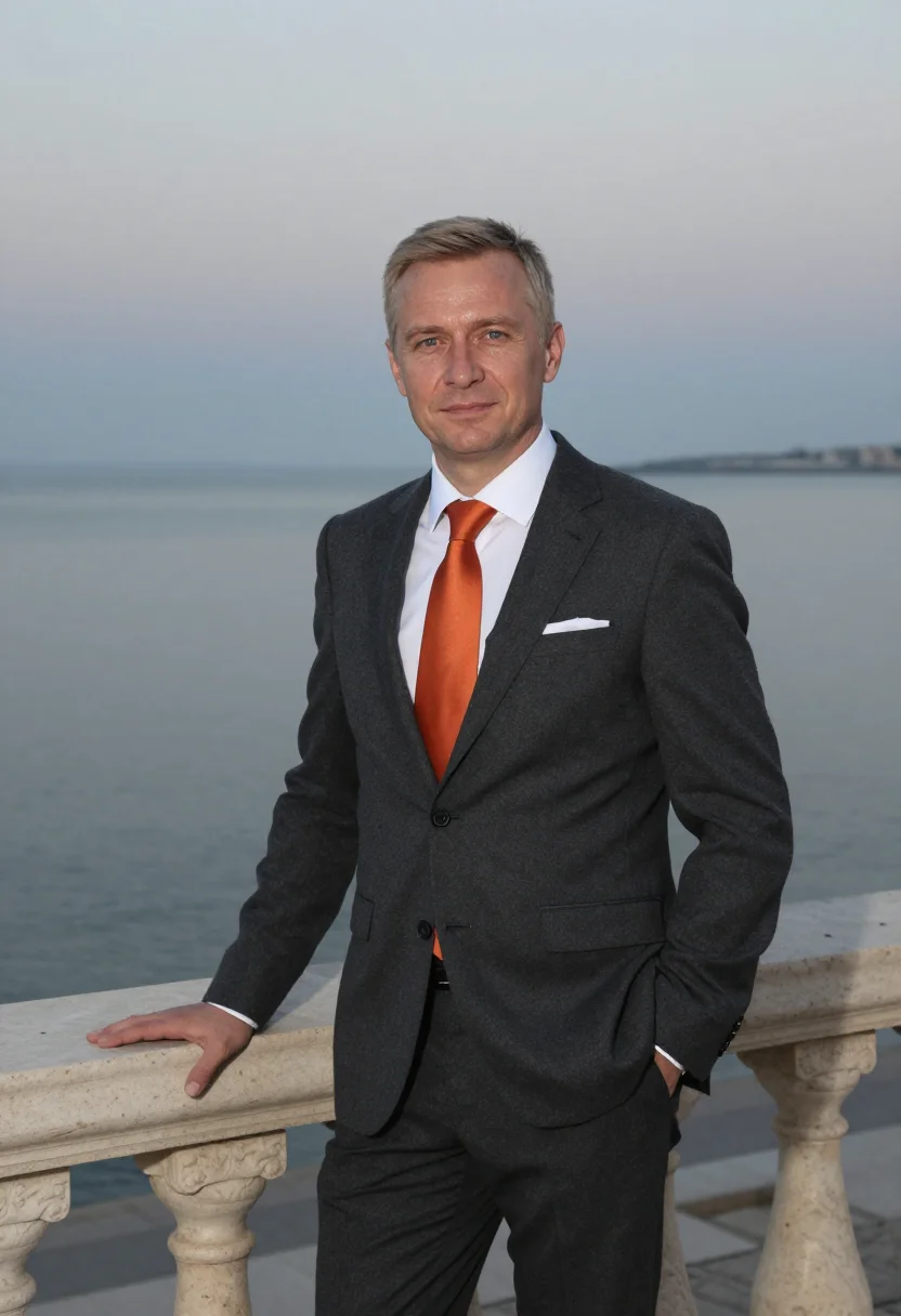 AI baku energy executive flame towers glass sample — portrait of a man, framed at half-length, cropped at the hip