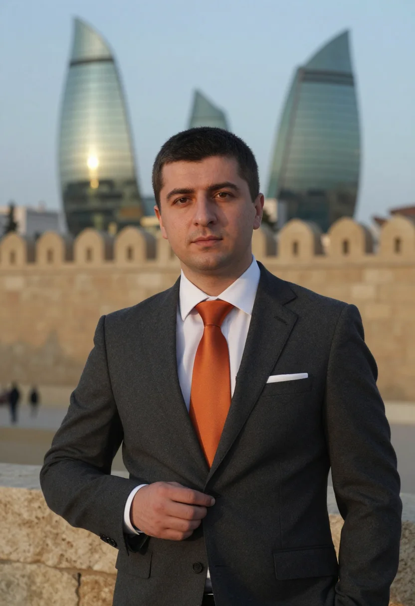 AI baku energy executive flame towers glass sample — portrait of a man, framed chest-up, cropped at the ribs, the