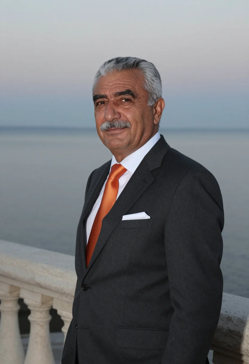 AI baku energy executive flame towers glass sample — portrait of a man, framed tight, head and shoulders, the bod