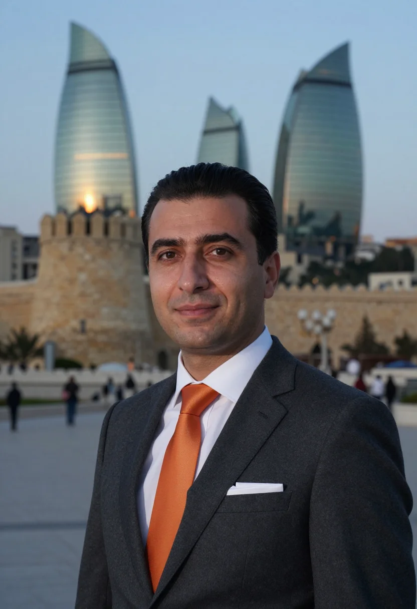 AI baku energy executive flame towers glass sample — portrait of a man, framed tight, head and shoulders, the bod