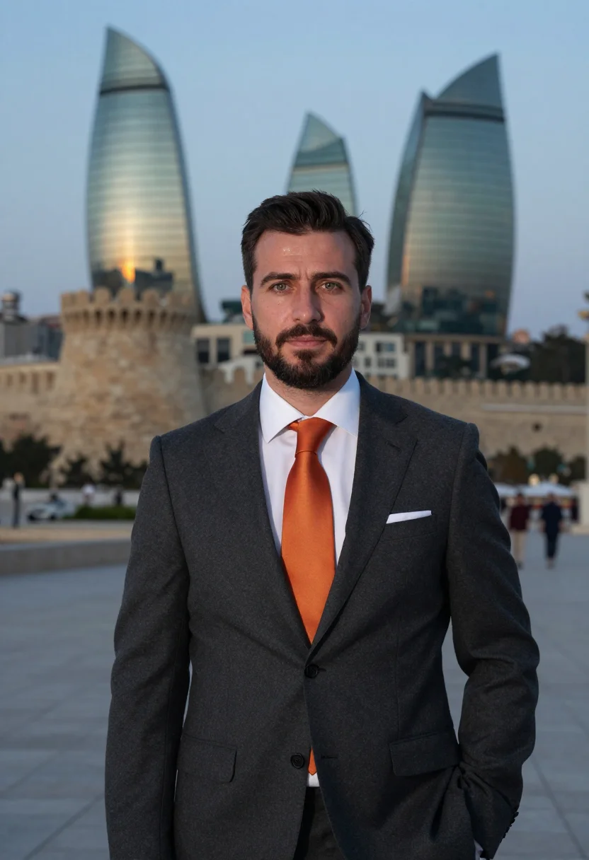 AI baku energy executive flame towers glass sample — portrait of a man, framed chest-up, cropped at the ribs, the