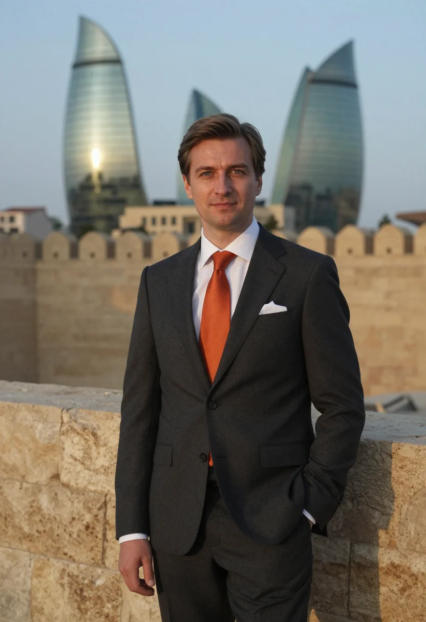 AI baku energy executive flame towers glass sample — portrait of a man, framed at half-length, cropped at the hip