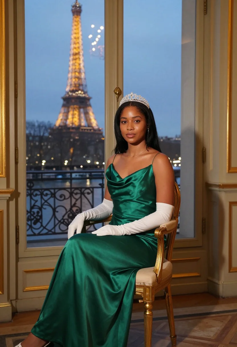 AI bal des debutantes sample — portrait of a woman, nineteen, with honey-toned skin, brown
