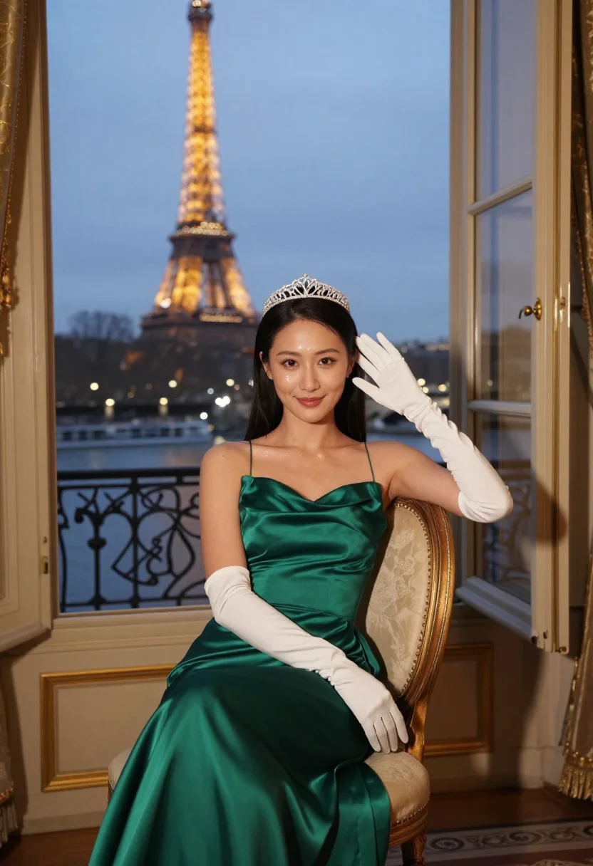 AI bal des debutantes sample — portrait of a woman, twenty, East-Asian, with warm ivory ski