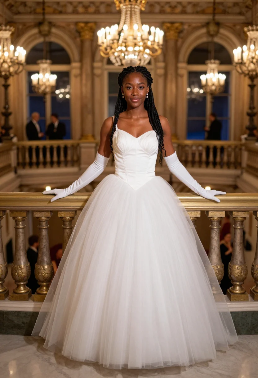 AI bal des debutantes sample — portrait of a woman, nineteen, with deep brown skin, dark ey