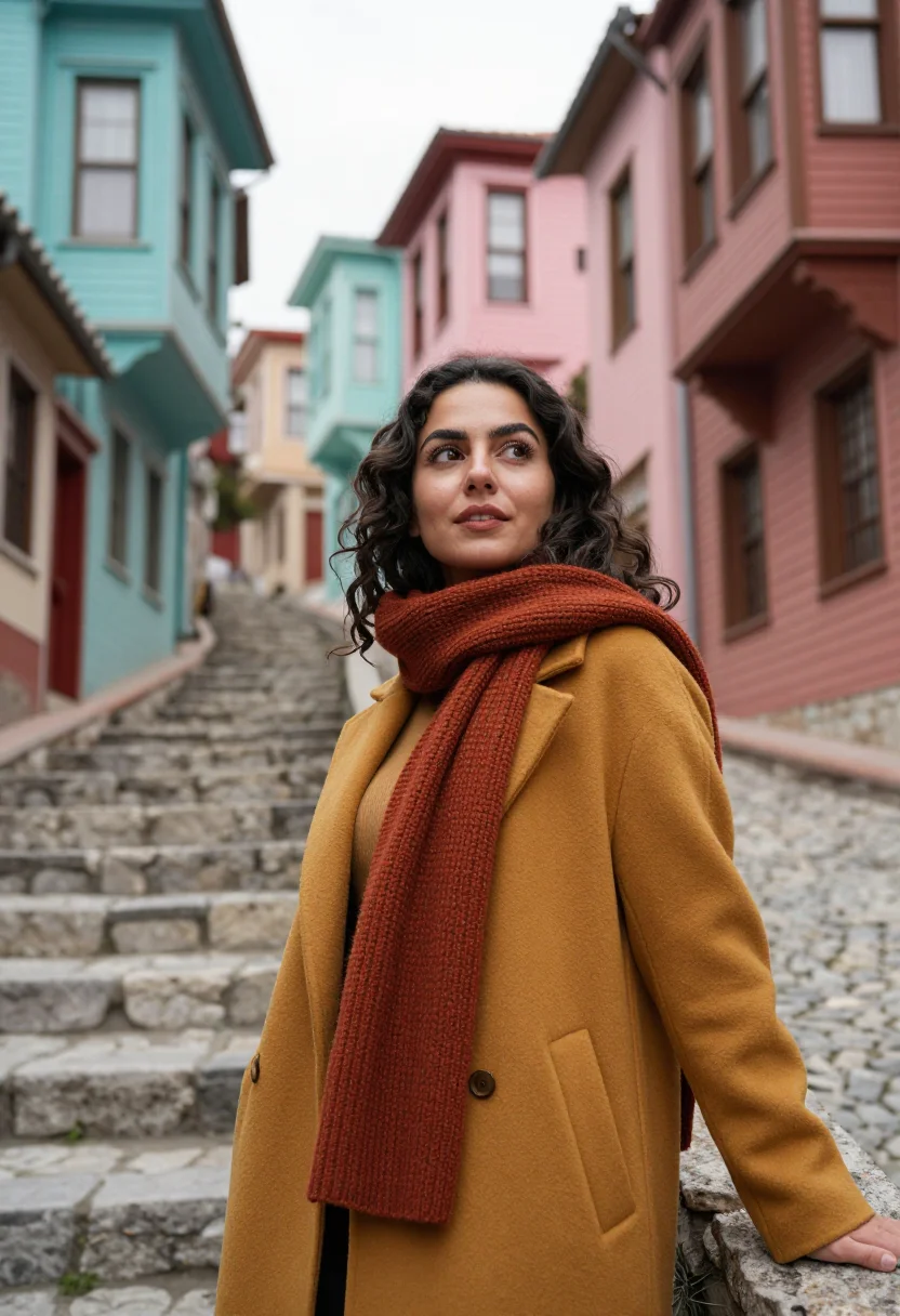 AI balat coloured houses palette sample — portrait of a woman, framed half-length from the hips up, th
