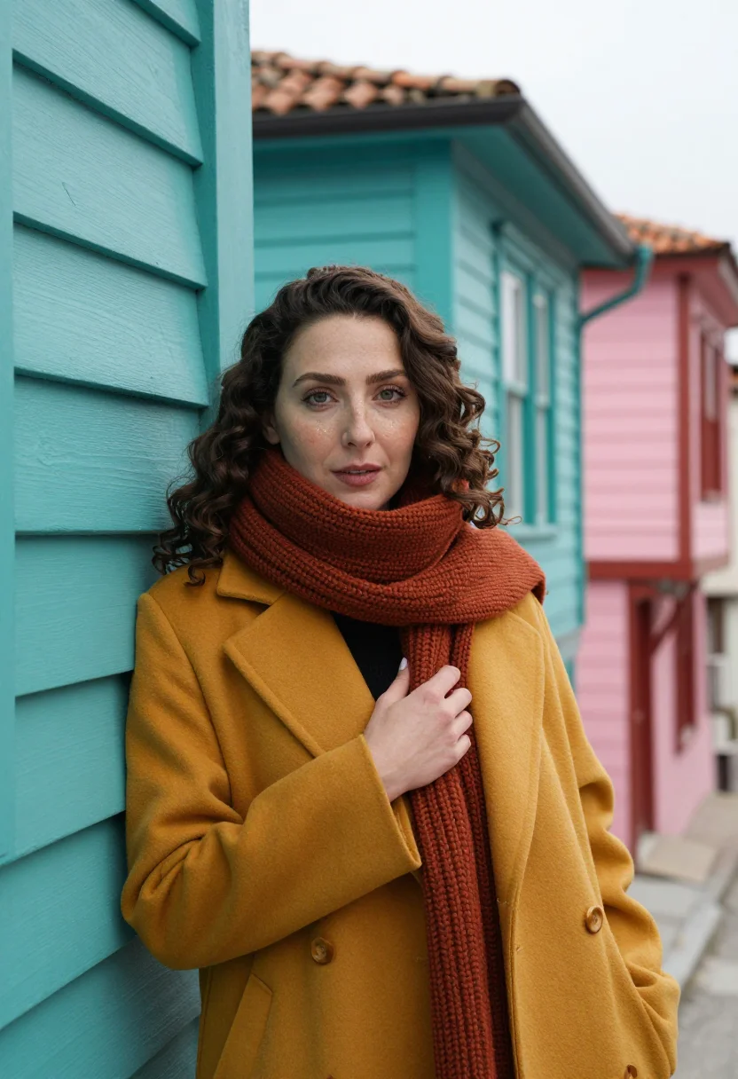 AI balat coloured houses palette sample — portrait of a woman, framed chest-up to the ribs, the body c