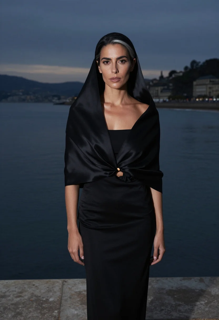 AI balenciaga cristobal eisa san sebastian black gazar wrap sample — portrait of a woman, a Spanish woman in her early forties wi