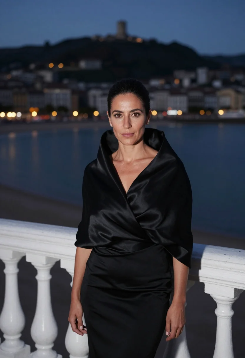 AI balenciaga cristobal eisa san sebastian black gazar wrap sample — portrait of a woman, a Portuguese woman in her late thirties